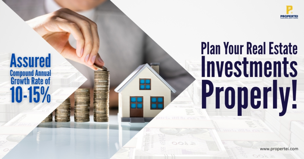 A hand stacking coins in ascending order next to a miniature house, representing real estate investment returns and financial growth. The image includes text promoting assured compound annual growth rates of 10-15% for real estate investments.