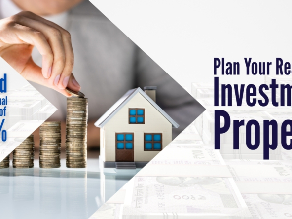A hand stacking coins in ascending order next to a miniature house, representing real estate investment returns and financial growth. The image includes text promoting assured compound annual growth rates of 10-15% for real estate investments.